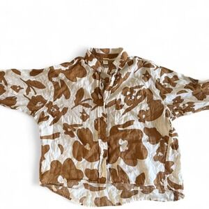 Magaschoni 100% Linen Brown White Floral Button Up Shirt Asymmetric Hem Medium